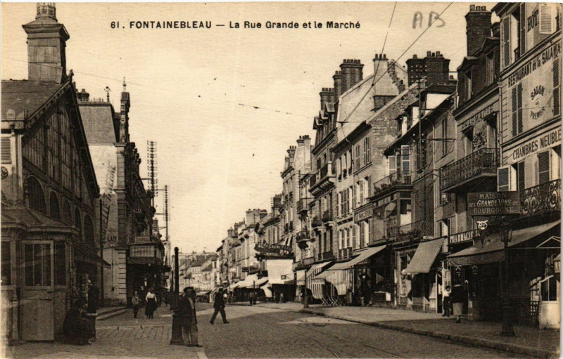 Carte postale ancienne Fontainebleau - La Rue Grande et le Marché à Fontainebleau