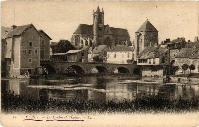 Carte postale ancienne Moret - Le Moulin et l'Eglise