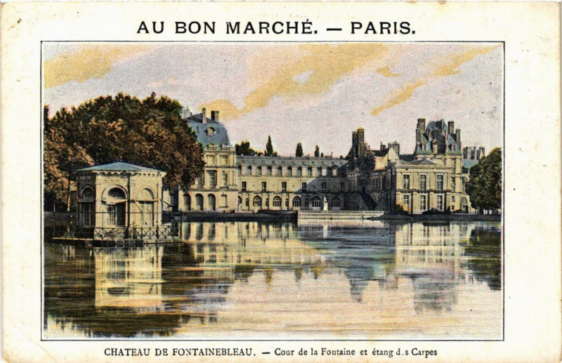 Carte postale ancienne Chateau de Fontainebleau - Cour de la Fontaine et Etang d.s Carpes à Fontainebleau