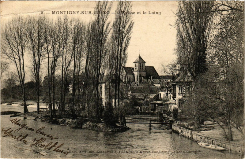 Carte postale ancienne Montigny-sur-Loing - L'Eglise et le Loing à Montigny-sur-Loing