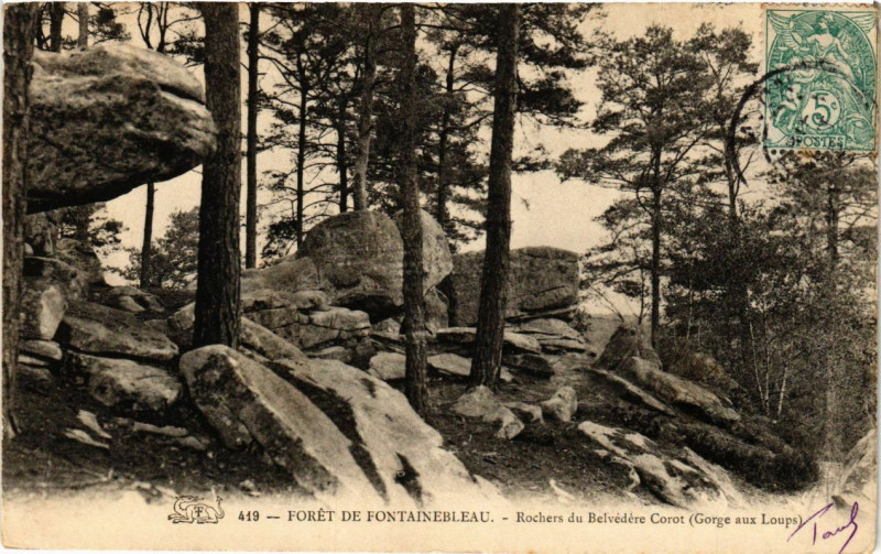 Carte postale ancienne Foret de Fontainebleau Rochers du Belvedere Corot (Gorge aux Loups à Fontainebleau