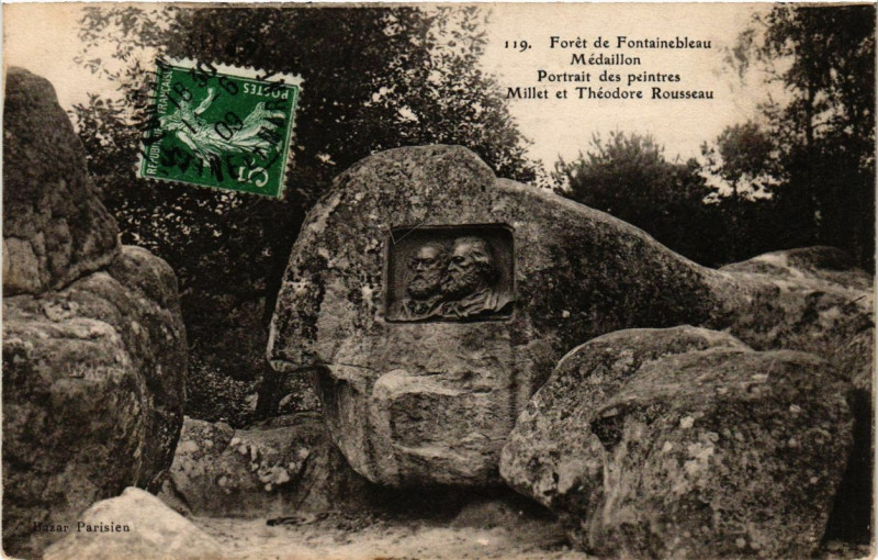 Carte postale ancienne Foret de Fontainebleau - Medaillon - Portait des peintres Millet à Fontainebleau