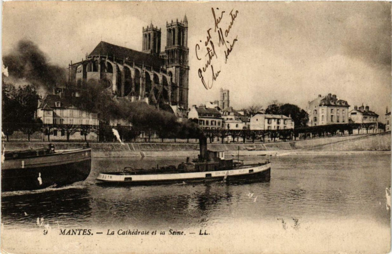 Carte postale ancienne La Cathédrale et la Seine à Mantes-la-Jolie