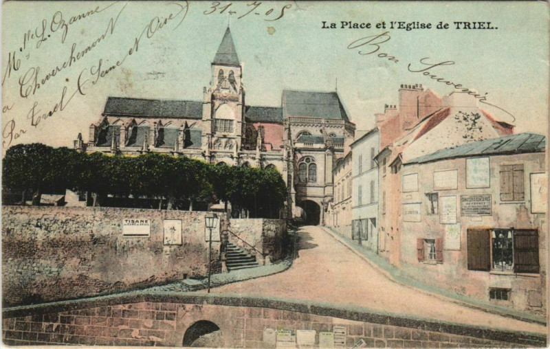 Carte postale ancienne Triel La Place et L'Eglise