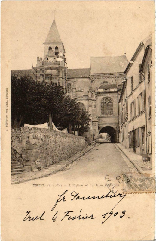 Carte postale ancienne Triel - L'Ãglise et la Rue Galande