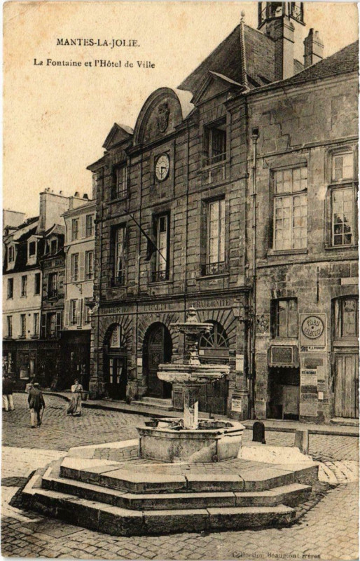 Carte postale ancienne Mantes-la-Jolie - La Fontaine et l'Hotel de Ville à Mantes-la-Jolie