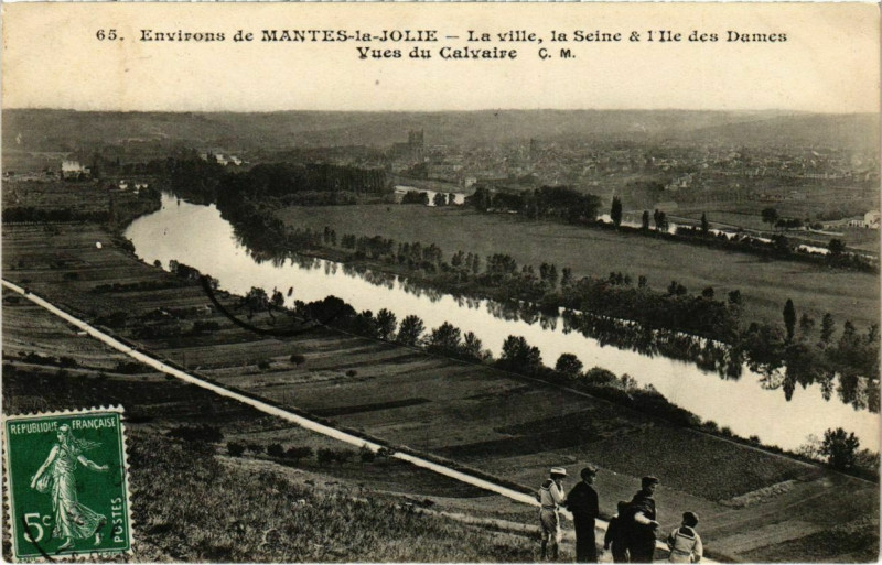 Carte postale ancienne Env. de Mantes-la-Jolie - La ville la Seine & l'Ile des Dames à Mantes-la-Jolie