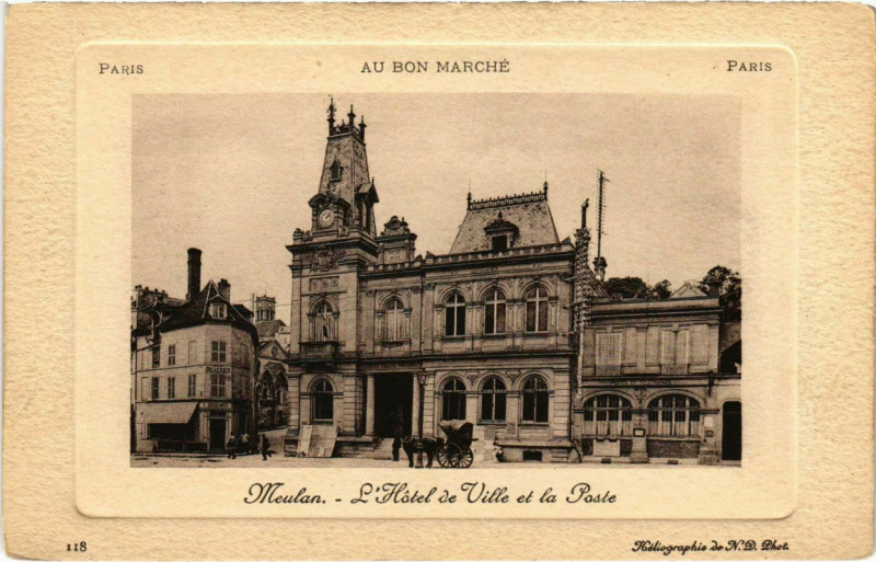 Carte postale ancienne Meulan - L'Hotel de Ville et la Poste