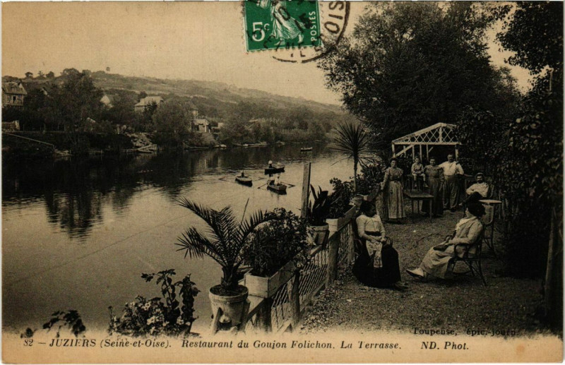 Carte postale ancienne Juziers - Restaurant du Gonjon Folichon. La Terasse à Juziers