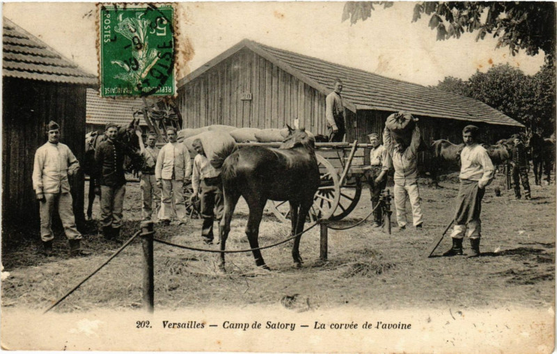 Carte postale ancienne Versailles - Camp de Satory - La corvée de l'avoine à Versailles