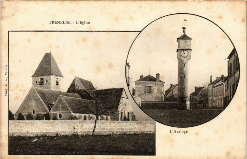 Carte postale ancienne Freneuse - L'Eglise - L'Horloge à Freneuse