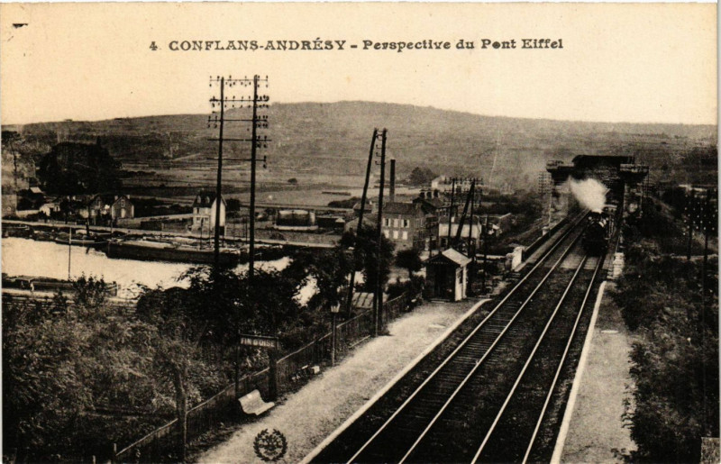 Carte postale ancienne Conflans-Andresy - Perspective du Pont Eiffel à Andrésy