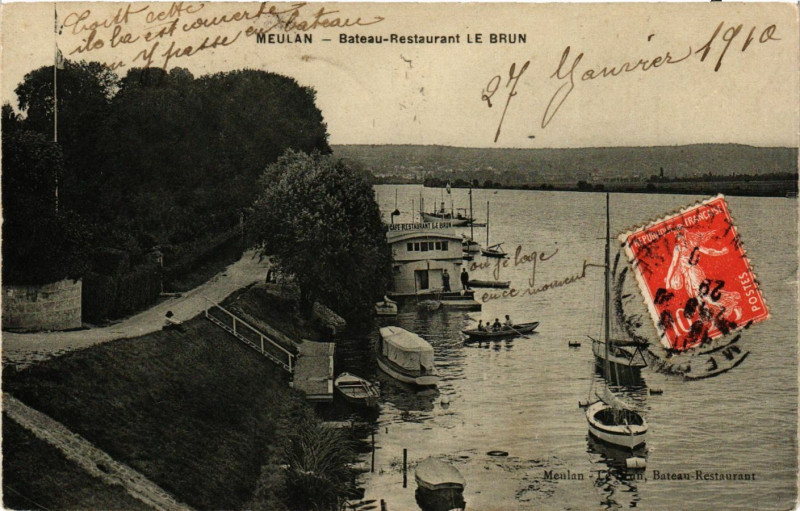 Carte postale ancienne Meulan - Bateau-Restaurant le Brun