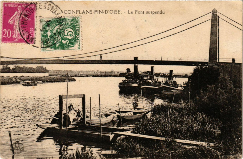 Carte postale ancienne Conflans - Fin-d'Oise - Le Pont suspendu