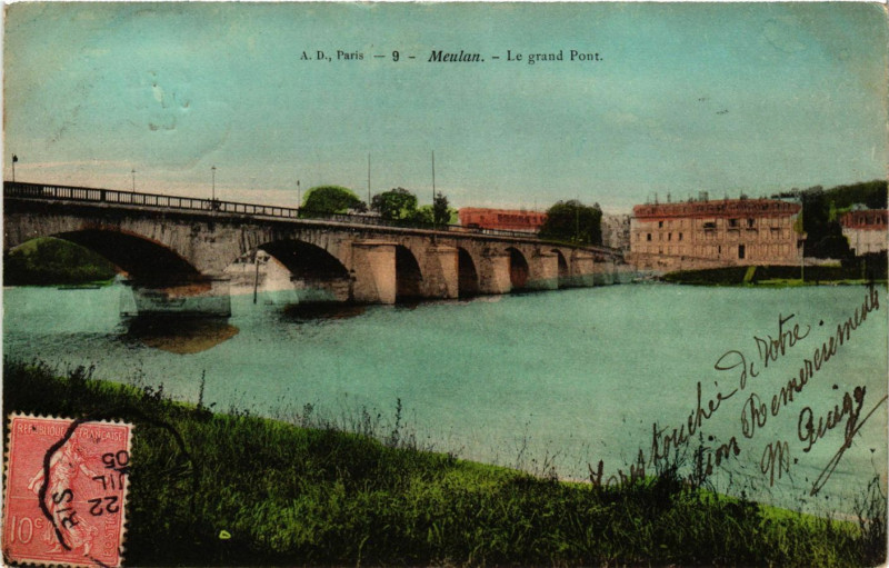 Carte postale ancienne Meulan - Le grand Pont