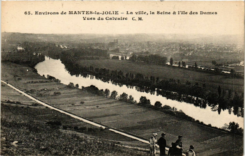 Carte postale ancienne Env. de Mantes-la-Jolie - La ville la Seine & l'Ile des Dames à Mantes-la-Jolie