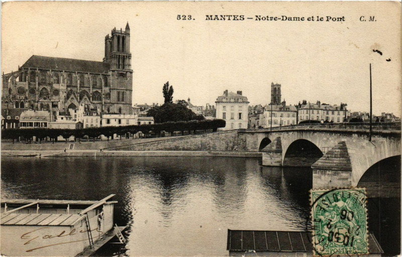 Carte postale ancienne Mantes - Notre-Dame et le Pont