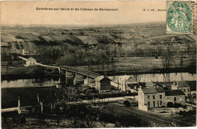 Carte postale ancienne Bonnieres-sur-Seine et les Coteaux de Bennecourt à Bonnières-sur-Seine
