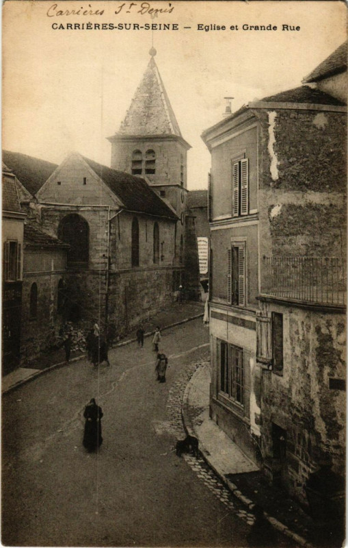 Carte postale ancienne Carrieres-sur-Seine - Eglise et Grande Rue à Carrières-sur-Seine