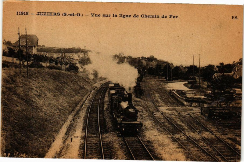 Carte postale ancienne Juziers - Vue sur la ligne de Chemin de Fer à Juziers