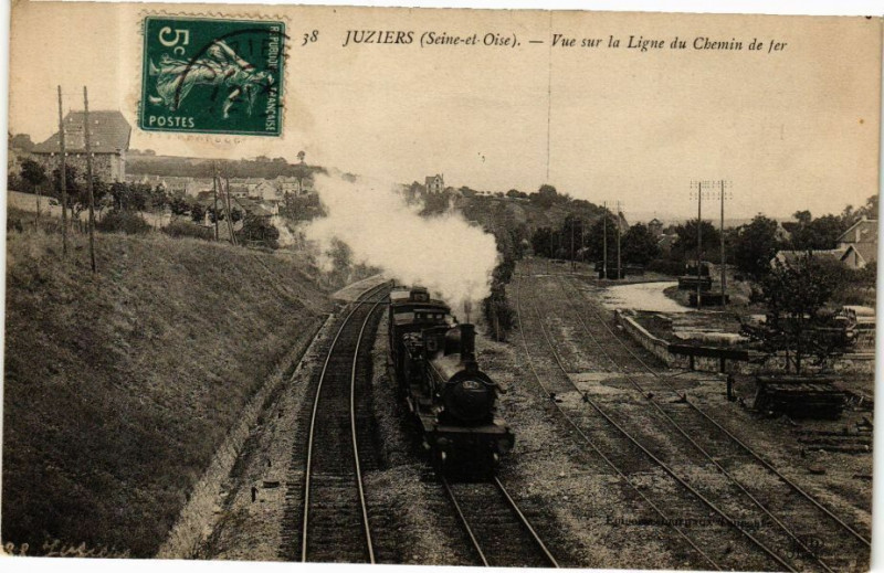 Carte postale ancienne Juziers - Vue sur la Ligne du Chemin de fer à Juziers