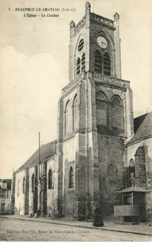 Carte postale ancienne Neauphle le Chateau-L'Eglise-Le Clocher à Neauphle-le-Château