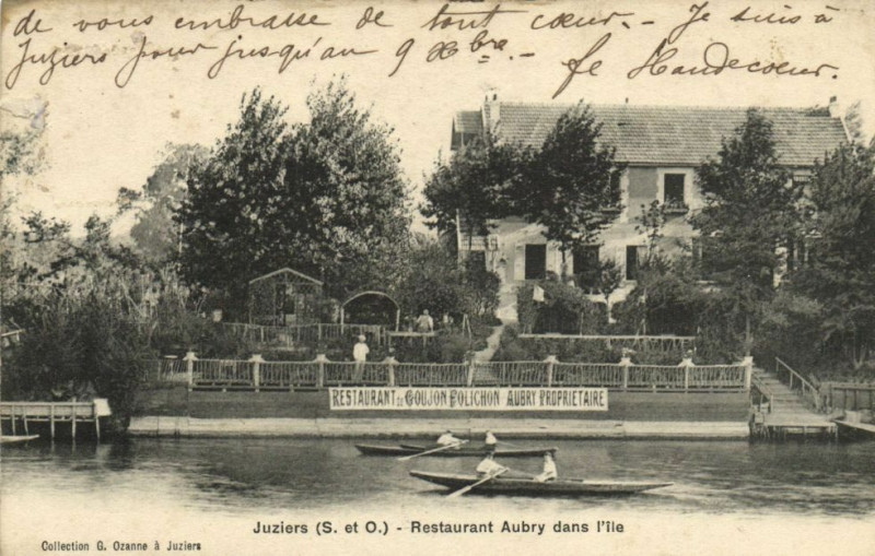 Carte postale ancienne Juziers-Restaurant Aubry dans l'Ile à Juziers