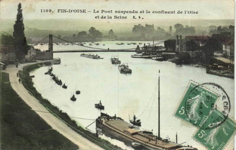 Carte postale ancienne Fin-d'Oise Pont suspendu et confluent de l'Oise et de Seine