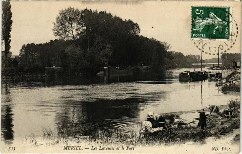 Carte postale ancienne Meriel - Les Laveuses et le Port à Mériel
