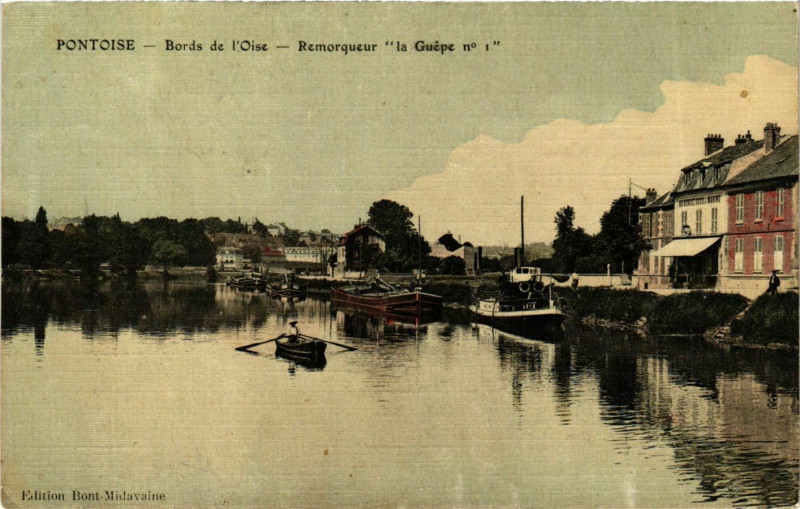 Carte postale ancienne Pontoise Bords de l'Oise Remorquer La Guépe à Pontoise