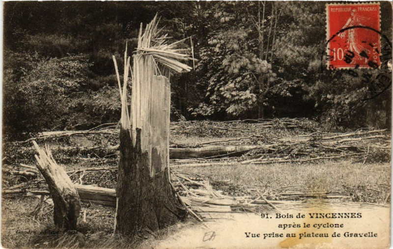 Carte postale ancienne Bois de Vincennes après le cyclone - Vue prise au plateau de Gravelle à Paris