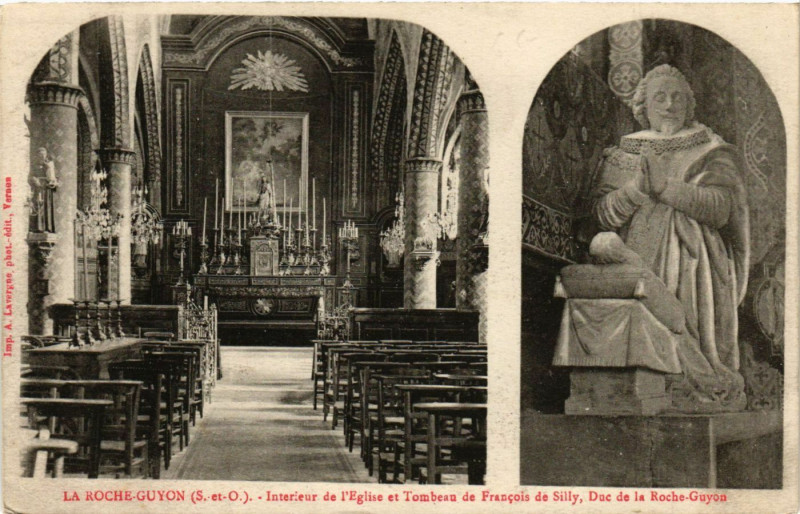 Carte postale ancienne La Roche-Guyon - Interieur de l'Eglise et Tombeau à La Roche-Guyon
