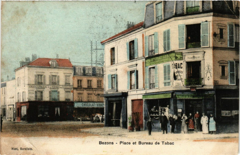 Carte postale ancienne Bezons - Place et Bureau de Tabac à Bezons