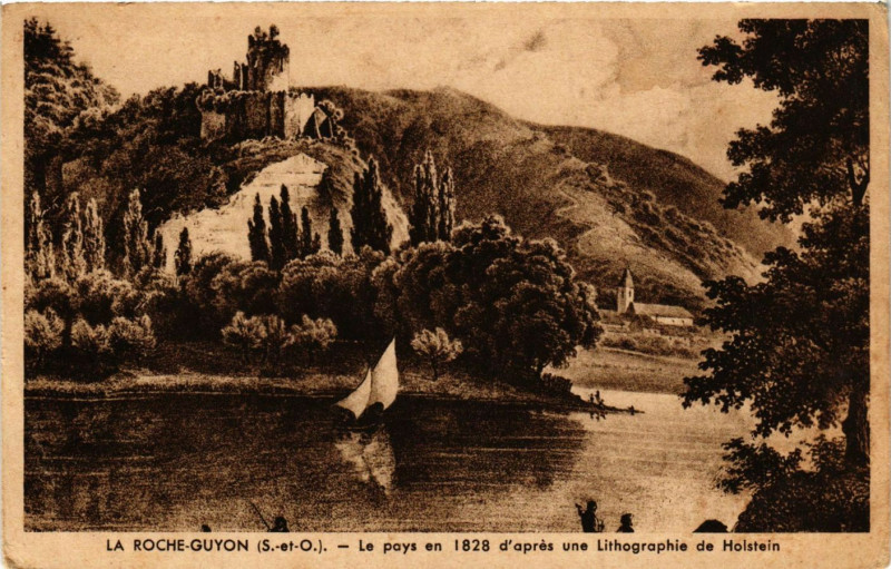 Carte postale ancienne La Roche-Guyon (S.-et-O.) -Le pays en 1828 d'aprés une Lithographie à La Roche-Guyon