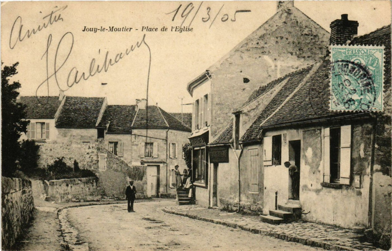 Carte postale ancienne Jouy-le-Moutier - Place de l'Eglise à Jouy-le-Moutier