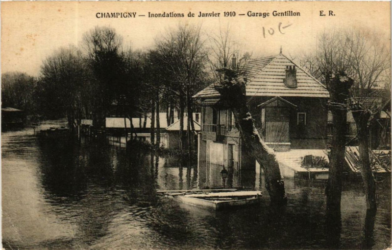 Carte postale ancienne Champigny Garage Gentillon Inondation 1910
