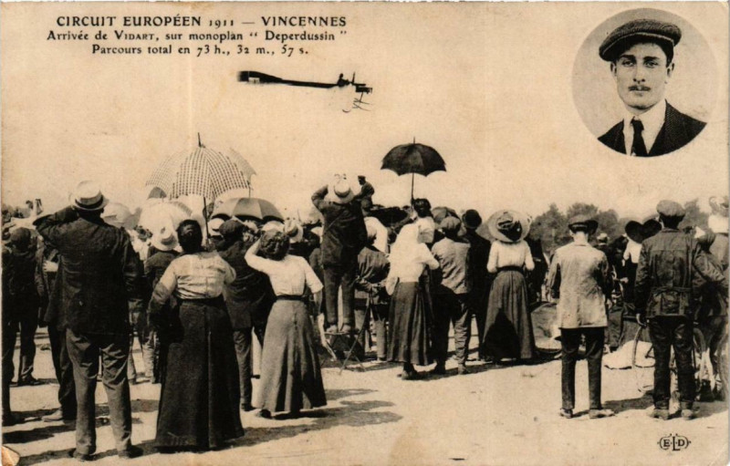 Carte postale ancienne Vincennes Circuit Européen 1911 VIDART, monoplan Deperdussin à Vincennes