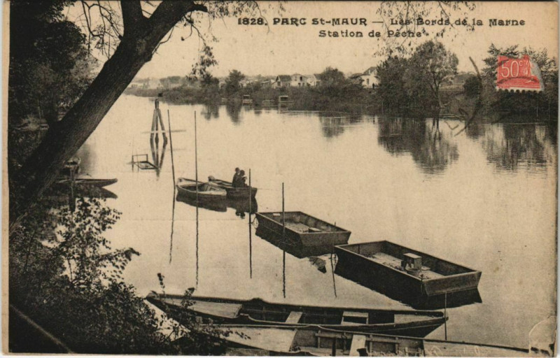 Carte postale ancienne Parc Saint-Maur - les bords de La Marne station de peche