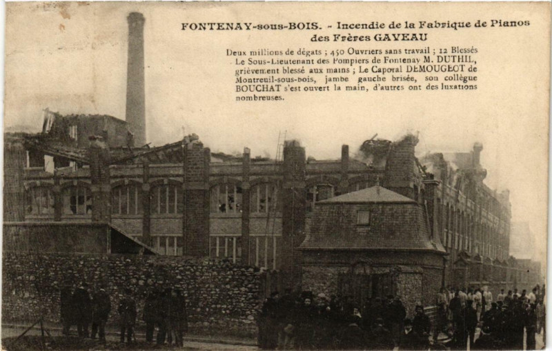 Carte postale ancienne Fontenay sous Bois Incendie de la Fabrique de Pianos à Fontenay-sous-Bois