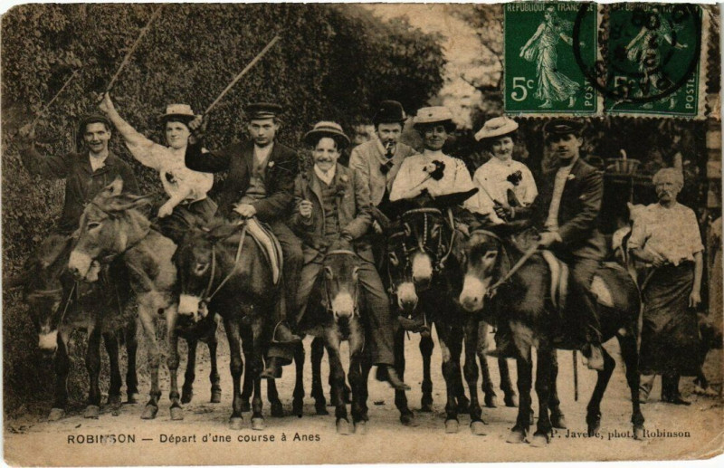 Carte postale ancienne Robinson - Départ d'une course á Anes