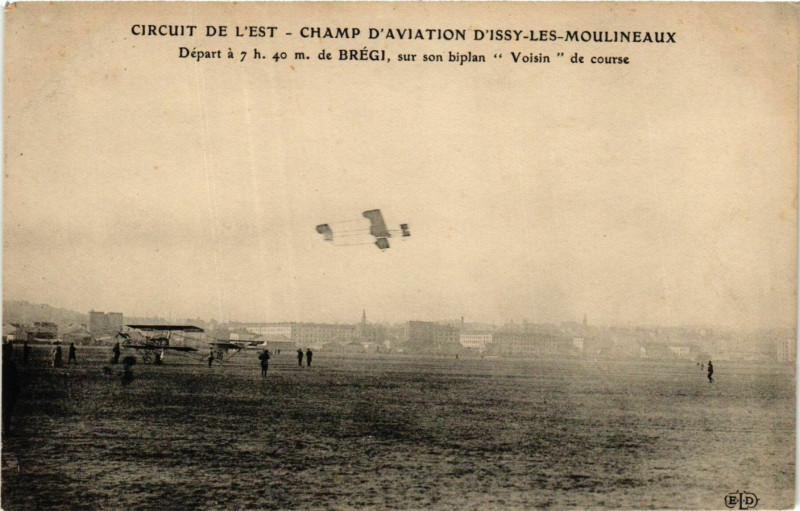 Carte postale ancienne Issy-les-Moulineaux Circuit de l'Est BREGI, biplan Voisin à Issy-les-Moulineaux