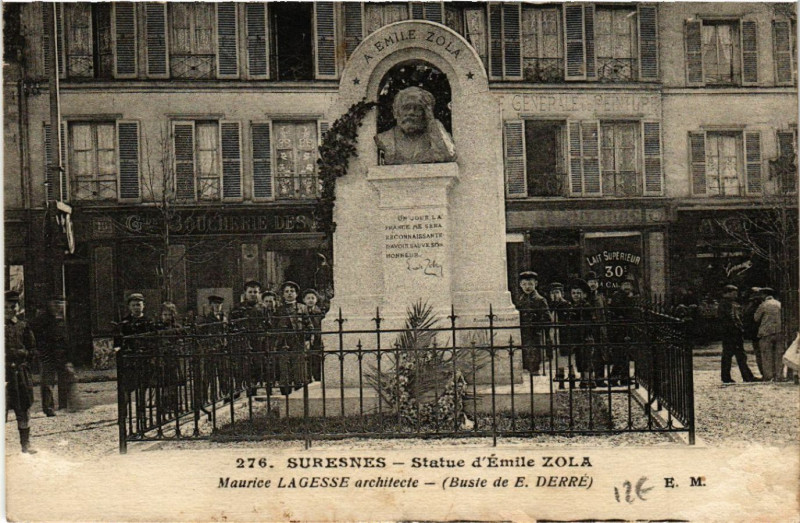 Carte postale ancienne Suresnes -  Statue d'Emile Zole - Maurice Lagesse architecte (Buste à Suresnes