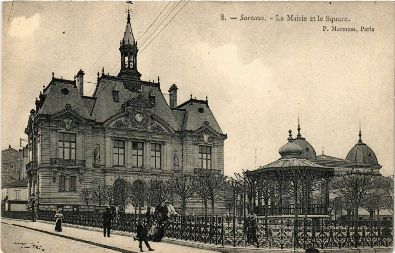 Carte postale ancienne Suresnes - La Mairie et le Square à Suresnes