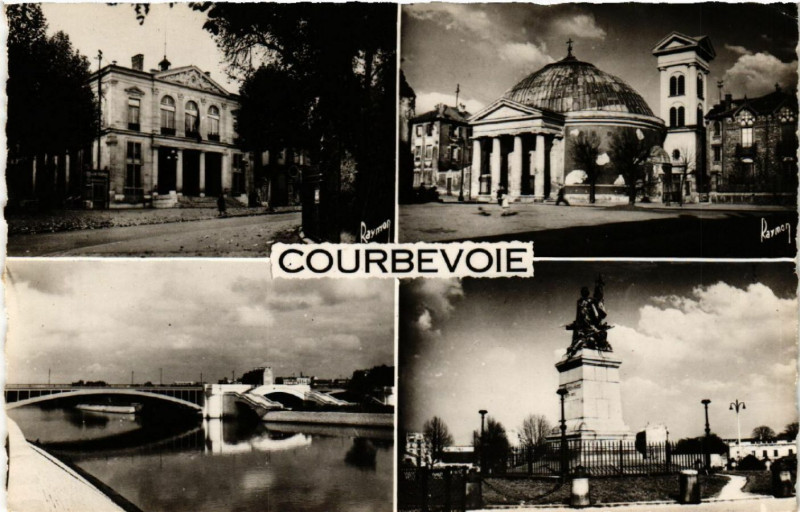 Carte postale ancienne Courbevoie - La Mairie-L'Eglise- Le Pont -La Défense à Courbevoie
