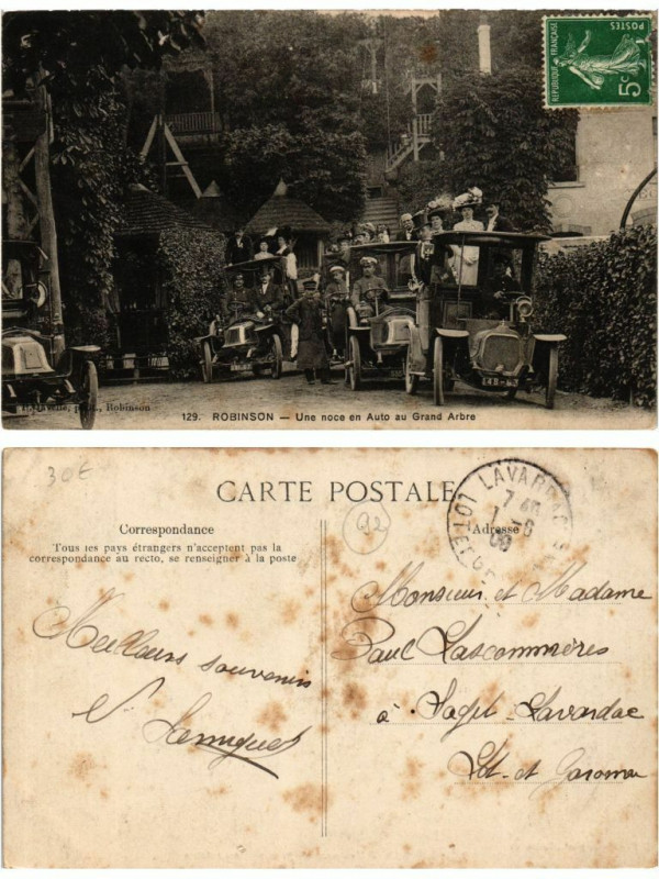 Carte postale ancienne Robinson Une noce en Auto au Grand Arbre