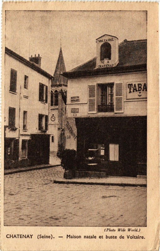 Carte postale ancienne Chatenay Maison natal et buste de Voltaire