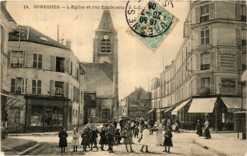 Carte postale ancienne Suresnes L'Eglise et rue Emile Zola à Suresnes