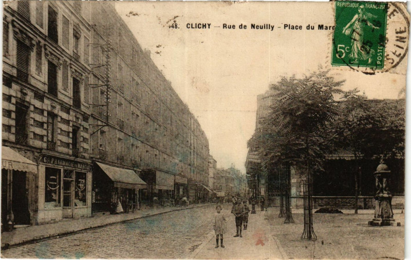 Carte postale ancienne Rue de Neuilly - Place du Marché à Clichy