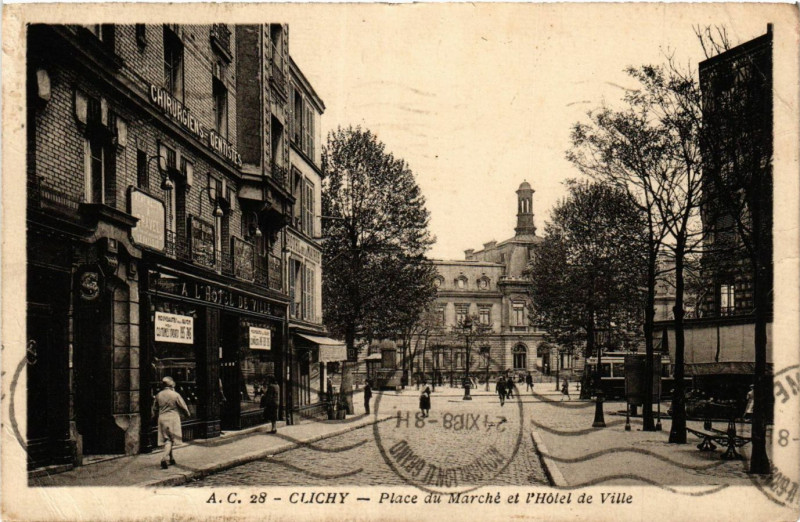 Carte postale ancienne Place du Marché et l'Hôtel de Ville à Clichy