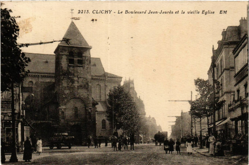 Carte postale ancienne Le Boulevard Jean-Jaurès et la vieille Eglise à Clichy